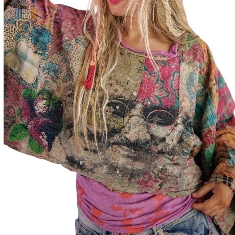 Magnolia Pearl Patchwork Quilted Gandhi Distressed Poncho Cropped Top NWT - Picture 4 of 9